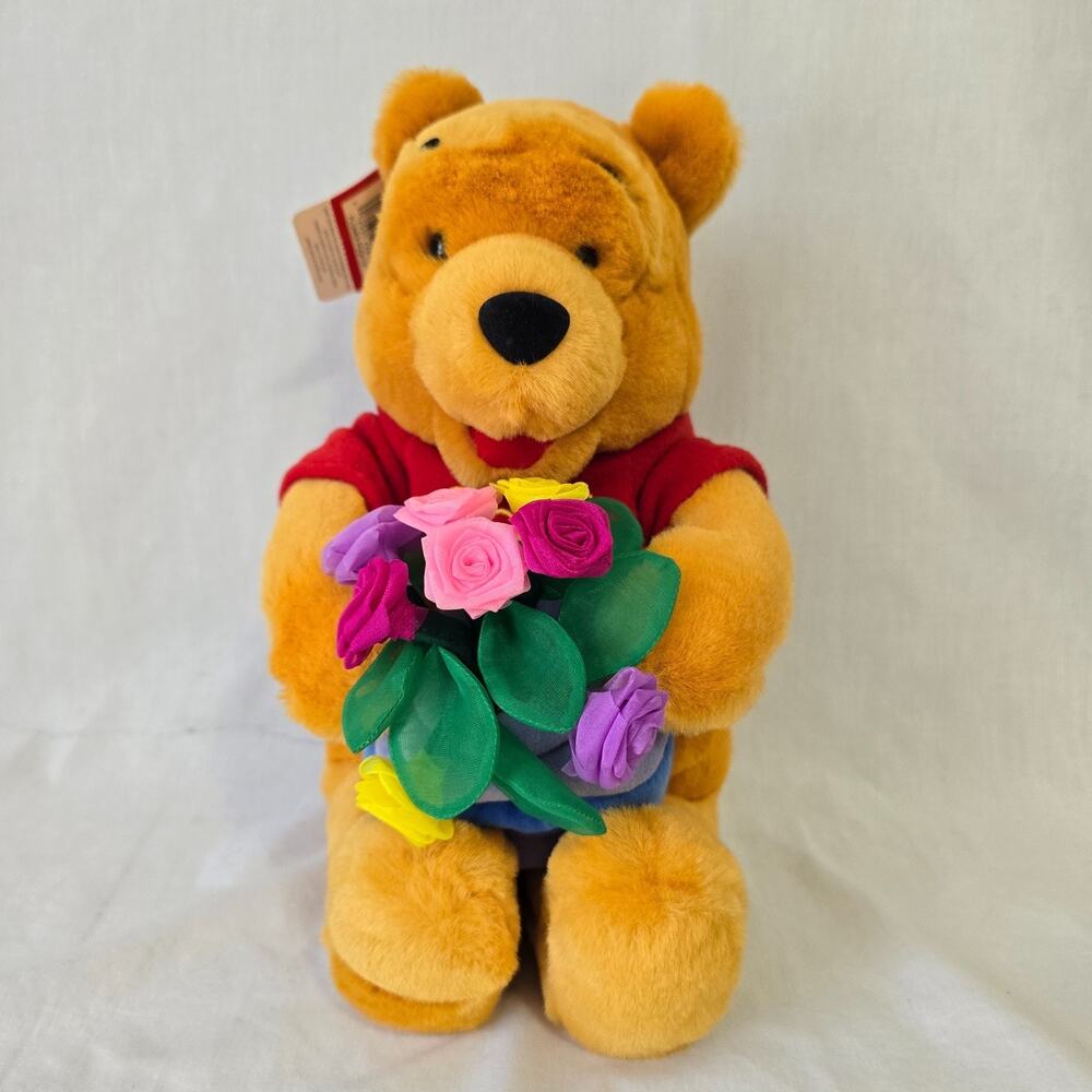 Disney Winnie the Pooh 13" Plush Holding a Bouquet of Flowers Inside Hunny Pot